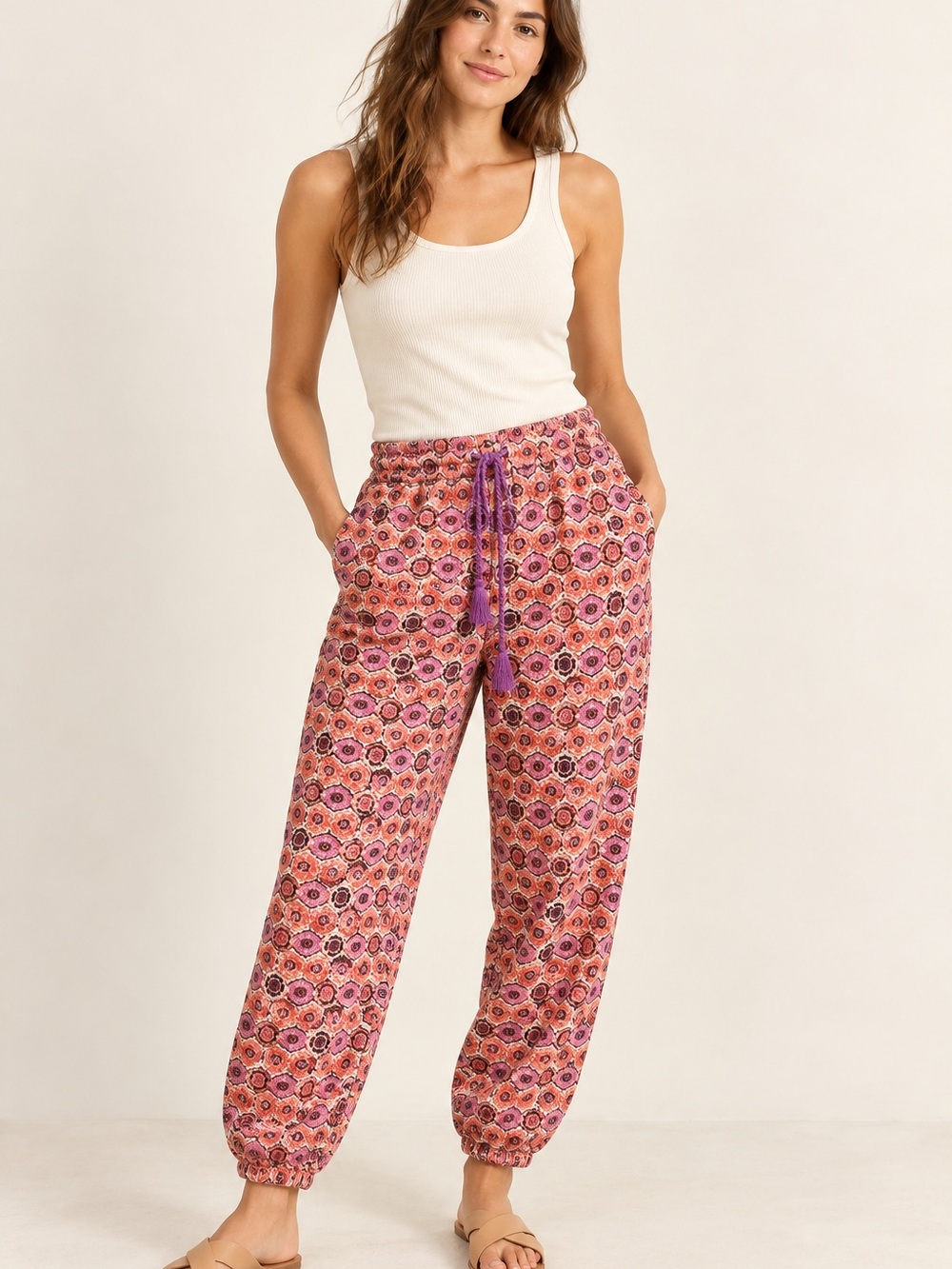 Printed Drawstring Jogger Pants in Pink Mosaic